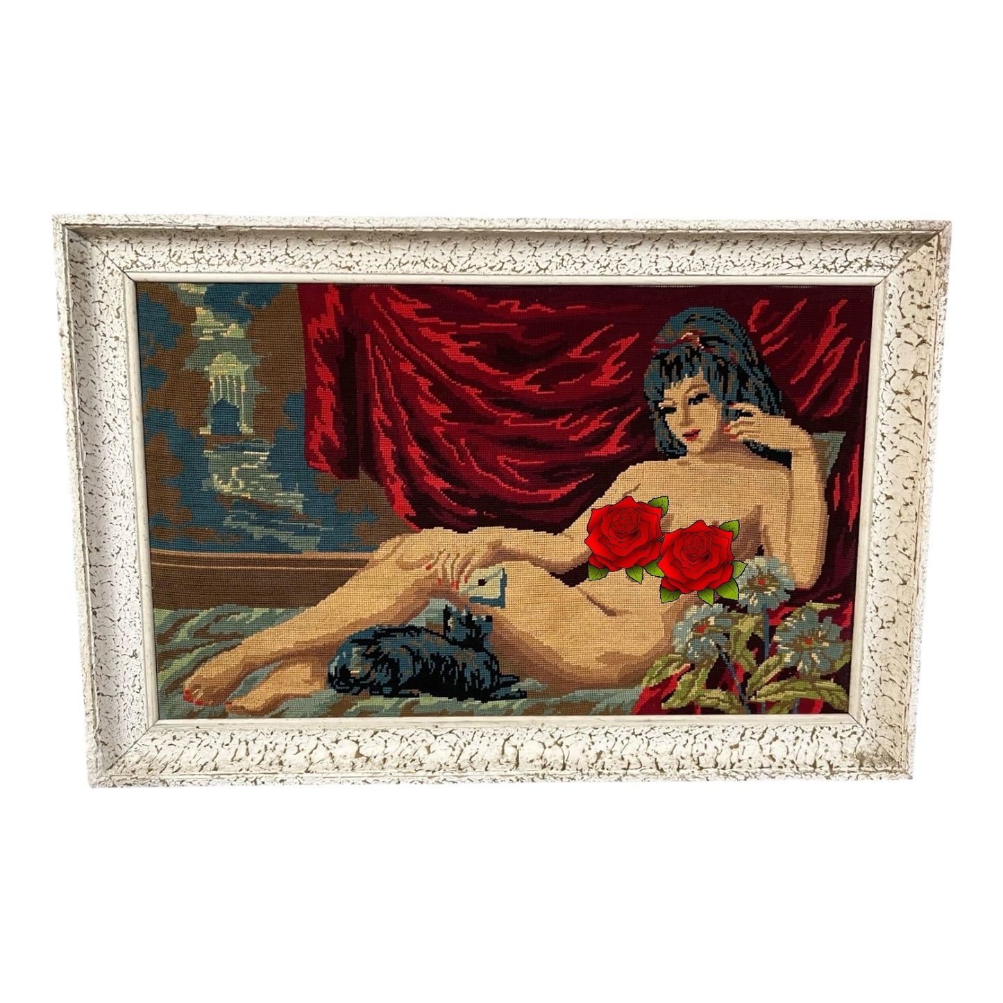 Large French vintage tapestry in a white frame, featuring a reclining nude, perfect for a tapestry collector, set against a white background.