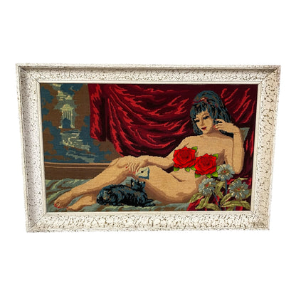 Large French vintage tapestry in a white frame, featuring a reclining nude, perfect for a tapestry collector, set against a white background.