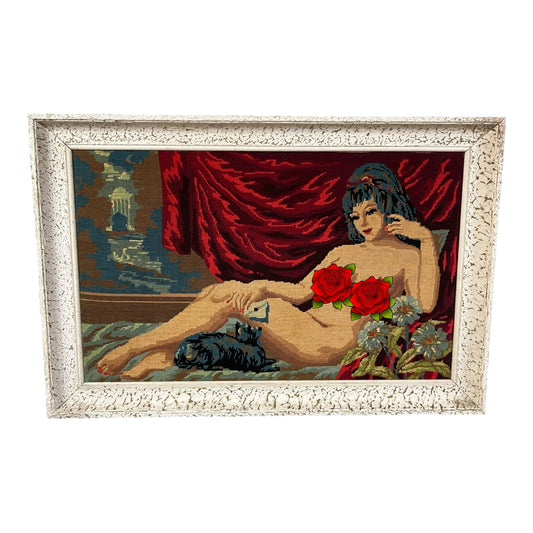 Large French vintage tapestry in a white frame, featuring a reclining nude, perfect for a tapestry collector, set against a white background.