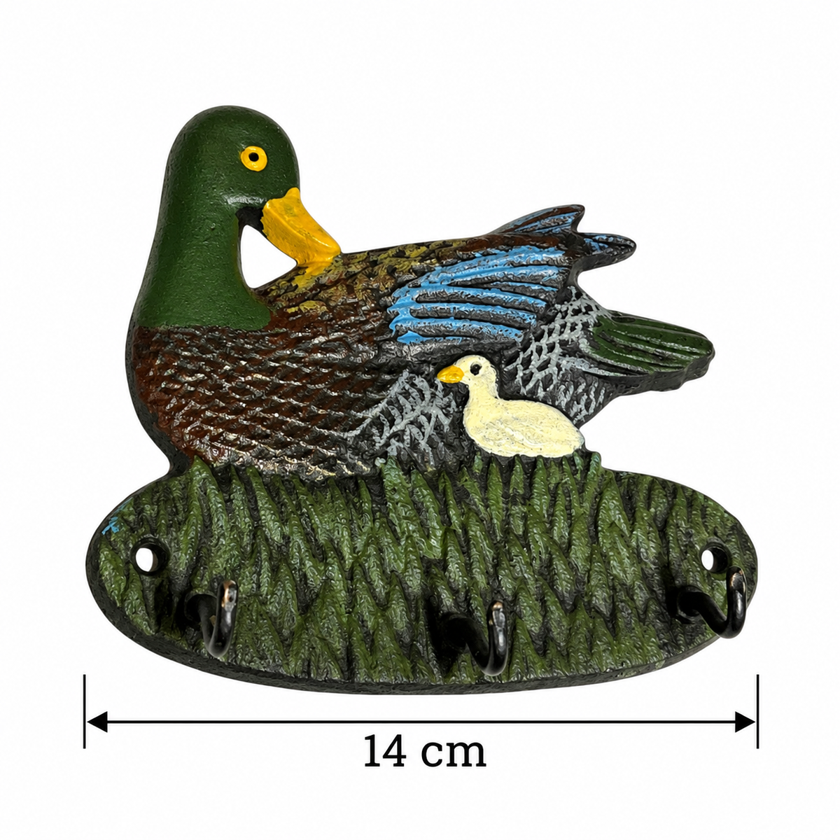 A cast iron duck and duckling wall hook holder with a mother duck, a small duckling, and three hanging hooks on a textured reeds base. A dimension overlay indicates a width of 14 cm.