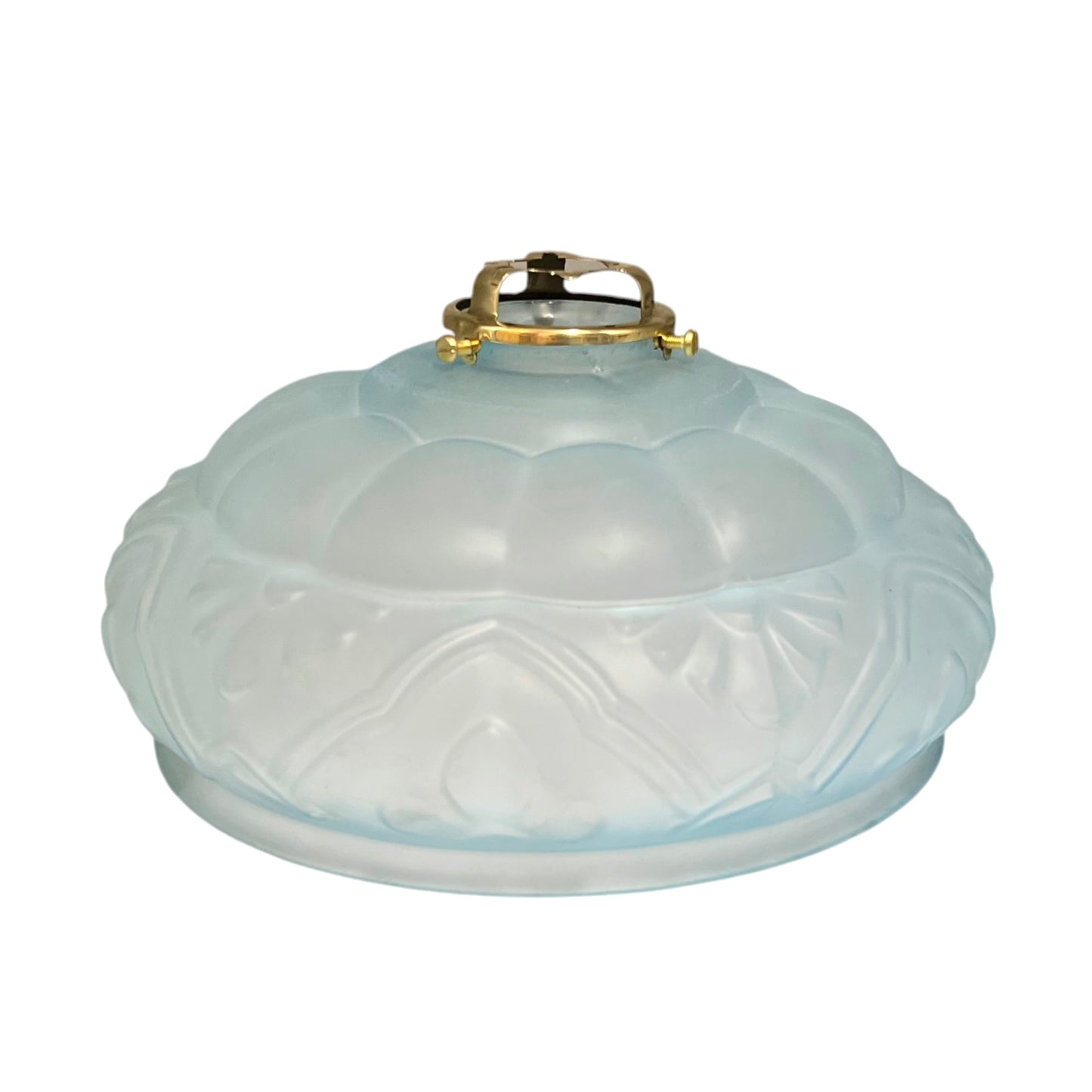Profile view highlighting the elegant shape and softly frosted finish of the vintage French glass light shade.