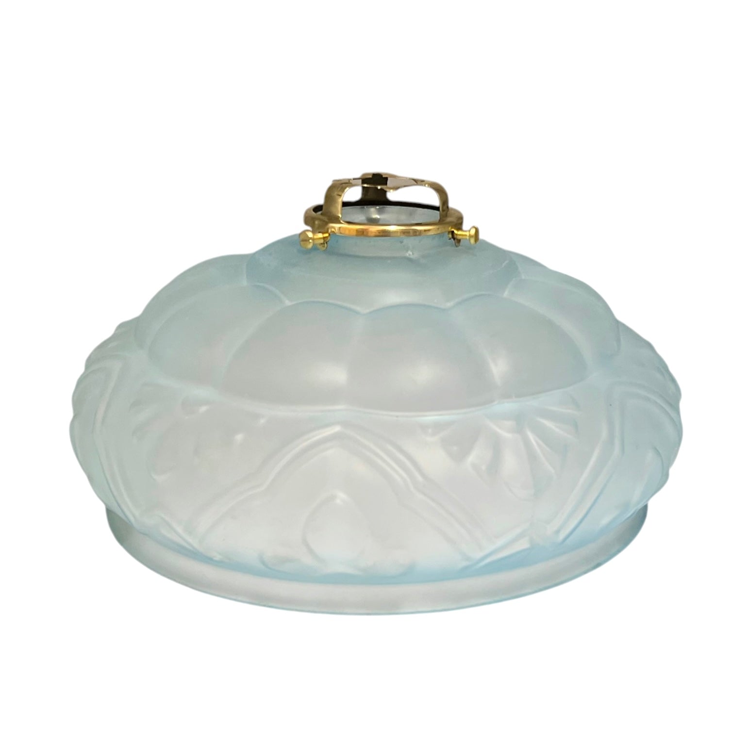 Profile view highlighting the elegant shape and softly frosted finish of the vintage French glass light shade.