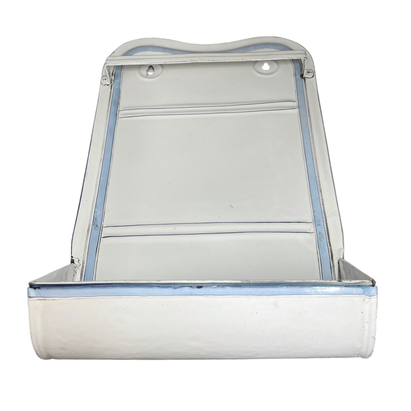 A vintage white enamel wall-mounted sink or washbasin with a slanted front tray and a blue-painted metal trim outline, shown against a plain white background.