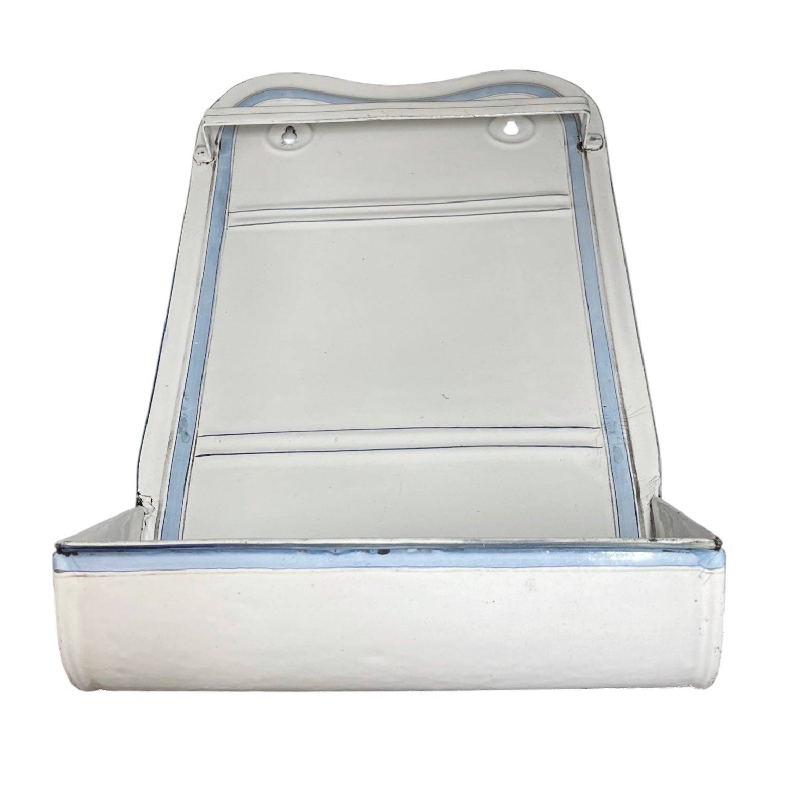 A vintage white enamel wall-mounted sink or washbasin with a slanted front tray and a blue-painted metal trim outline, shown against a plain white background.