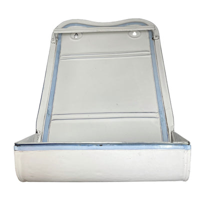 A vintage white enamel wall-mounted sink or washbasin with a slanted front tray and a blue-painted metal trim outline, shown against a plain white background.