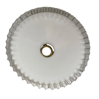 A round white glass ceiling light fixture shade with a fluted, scalloped edge and a central gold-toned metal ring, shown against a plain white background.