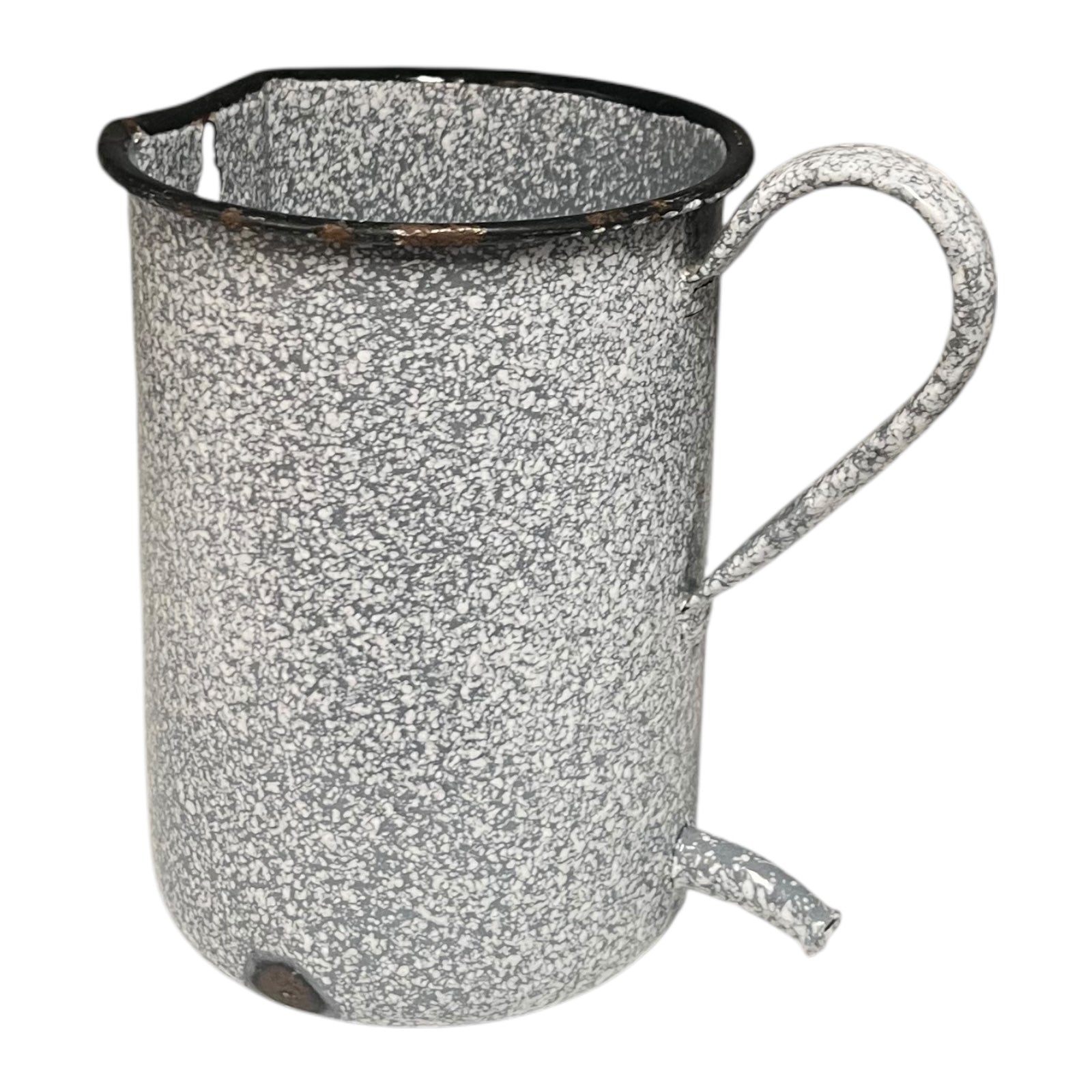 Vintage French grey and white speckled irrigator with a spout and a handle on a white background