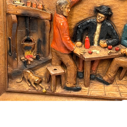 close up of wooden relief sculpture in an arts and crafts style on a white background
