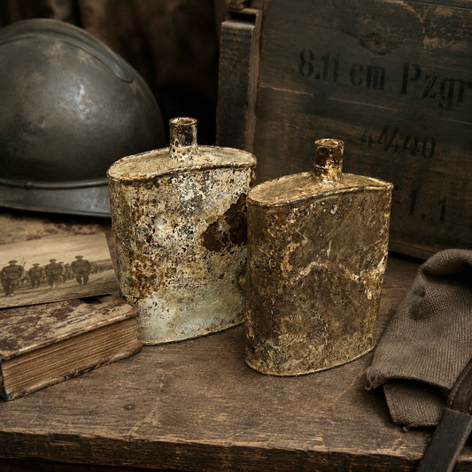 Pair of relic British WW1 metal water bottles in a rusty and flaky condition on a wooden bench in a rustic ware setting