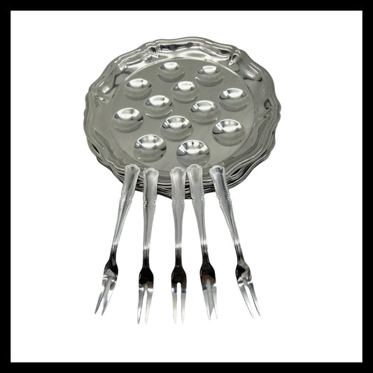 French stainless steel escargots plates with forks for sale by All Things French Store
