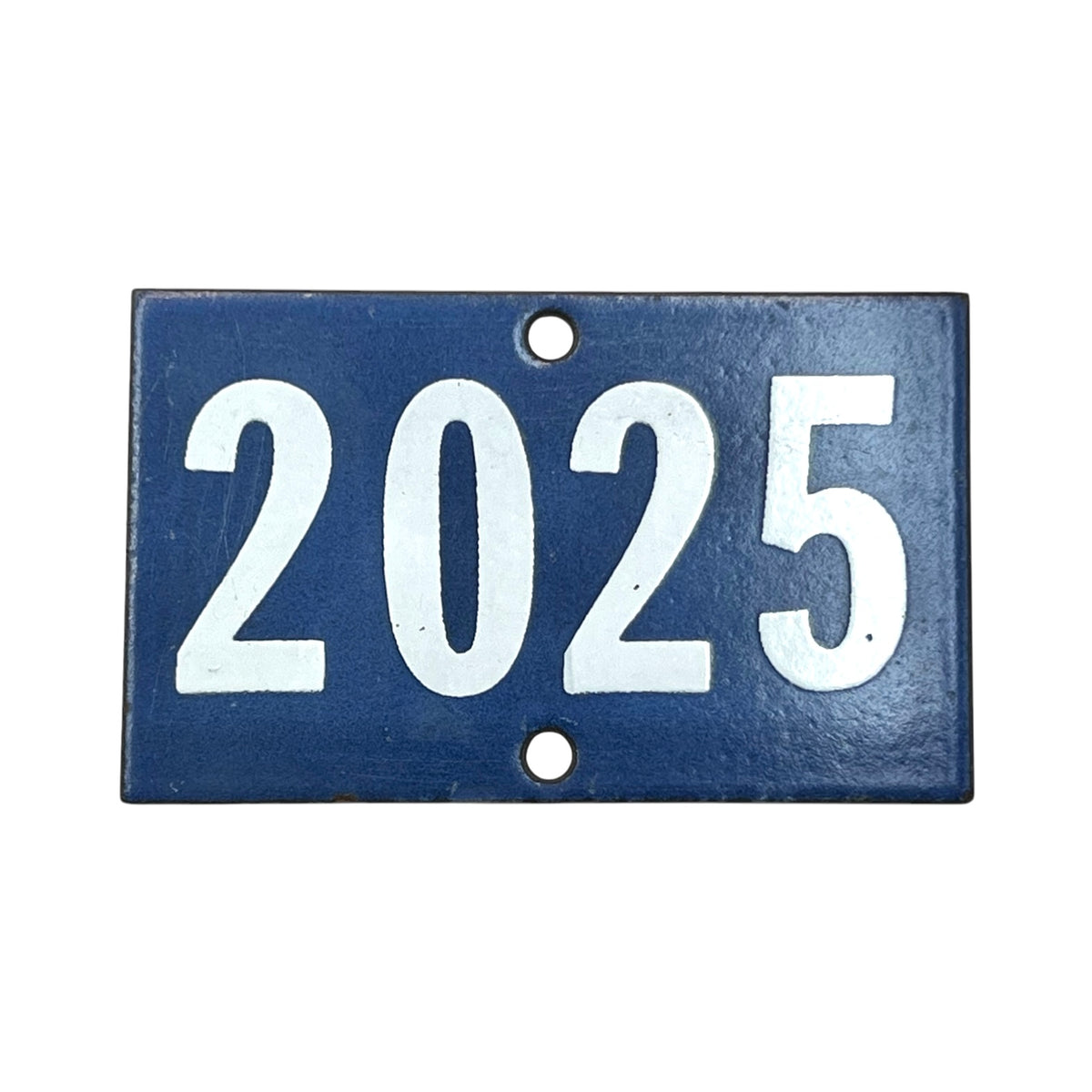 A rectangular dark blue plaque or sign with the year '2025' in large white numerals, shown on a plain white background.