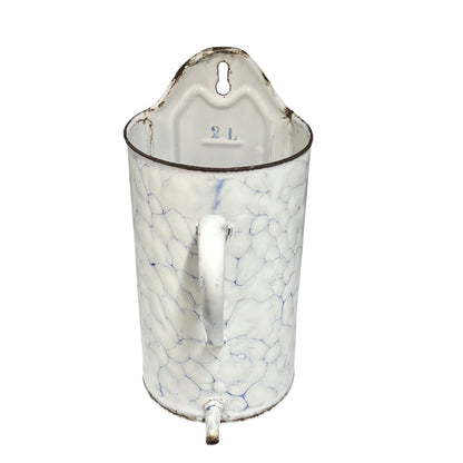A vintage-style enamel French planter or storage pot with a white body, blue crackle pattern, and a hanging loop at the top, shown on a plain white background.