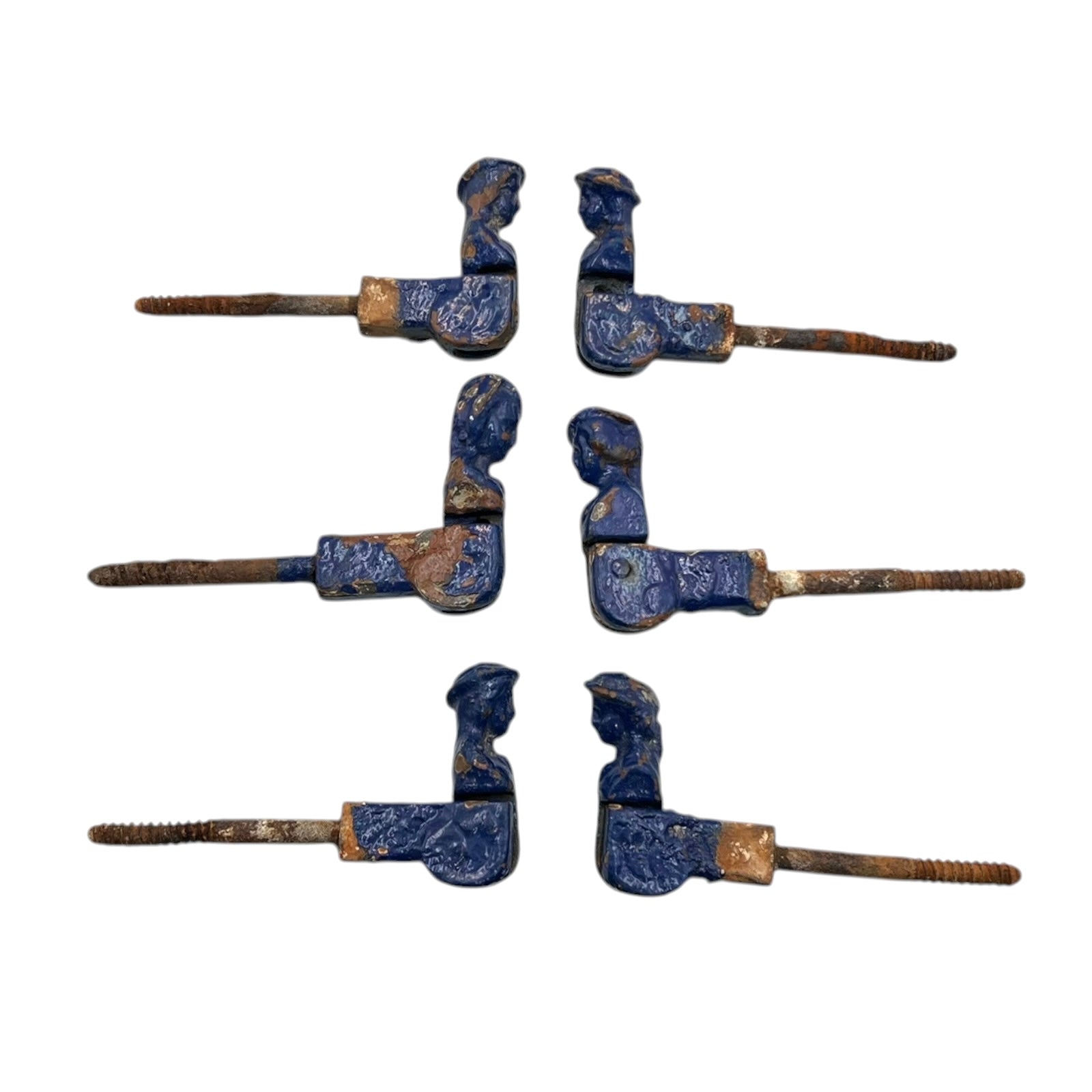 6 French cast iron shutter dogs painted blue with signs and age and wear on a white background