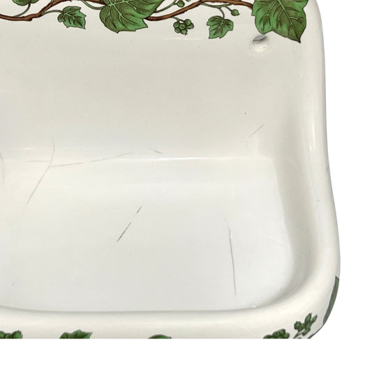 White porcelain double soap dish with green leaf patterns on a white background for sale