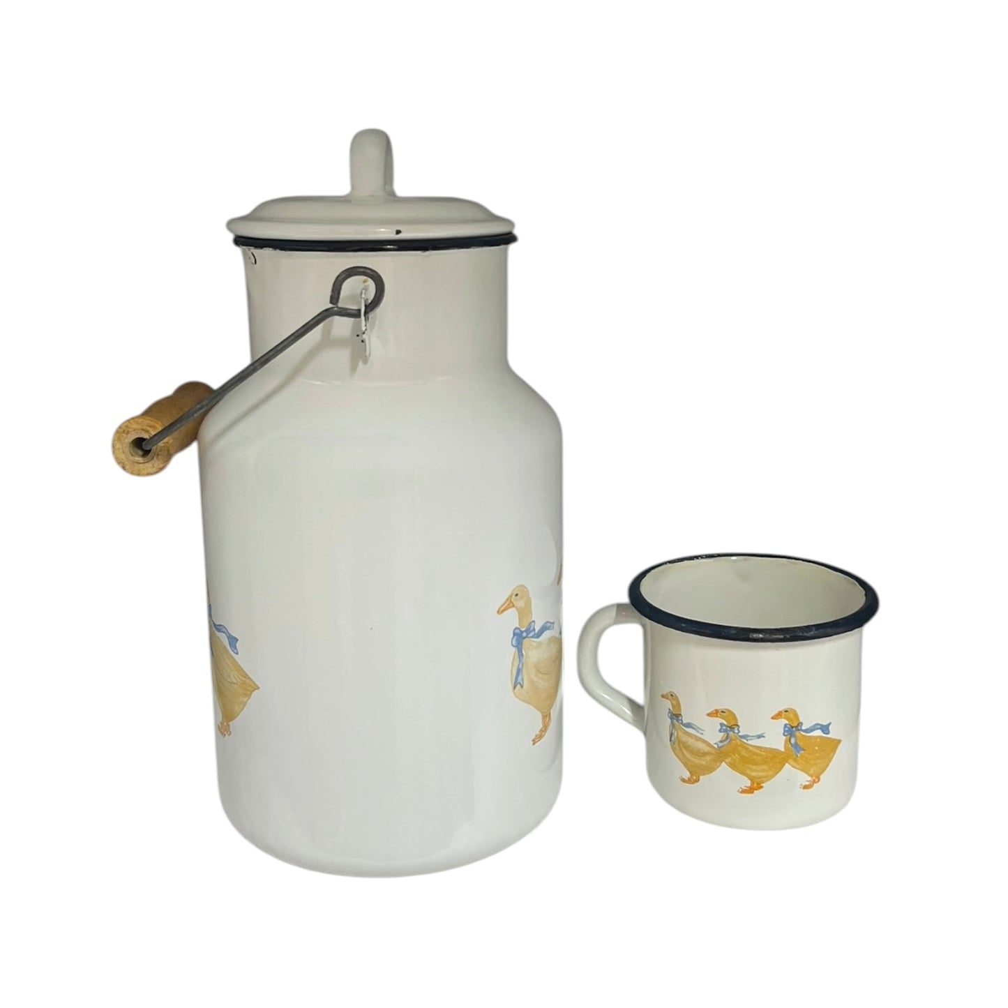 White enamel milk churn and mug with duck design on a white background