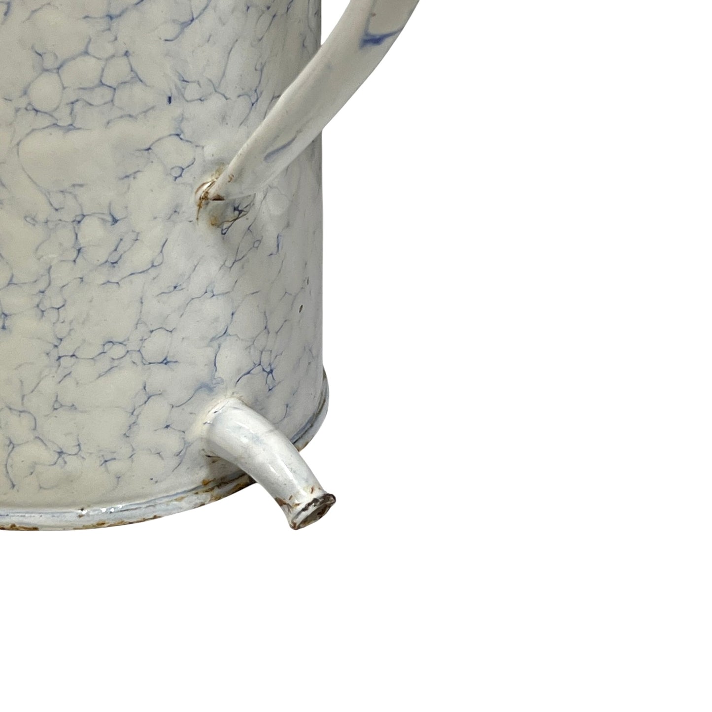 Close-up of a vintage white enamel watering can with a blue crackle glaze pattern and a metal spout, set against a plain white background.