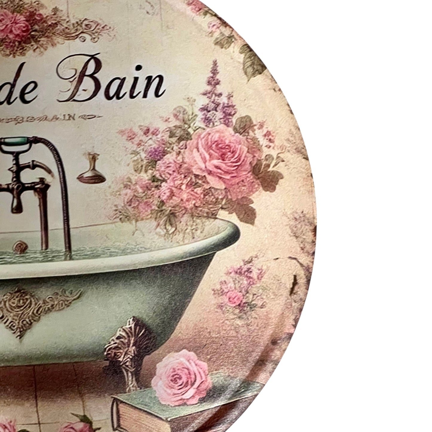 Decorative plate with vintage bathtub and floral design, featuring the text 'de Bain'.
