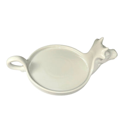 Vintage French L'Hirondelle porcelain cheese dish with cow-shaped white base and illustrated Fromage lid, traditional French farmhouse cheese server lower section