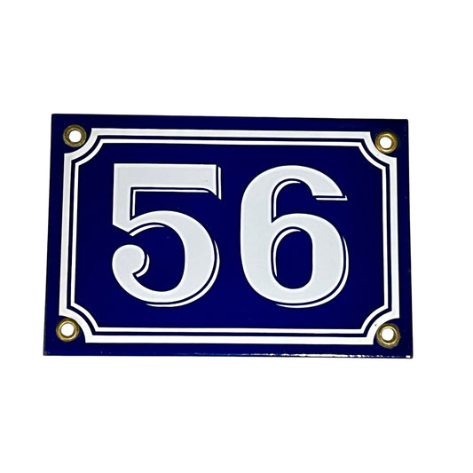 Blue rectangular plate with white numbers '56' on a white background