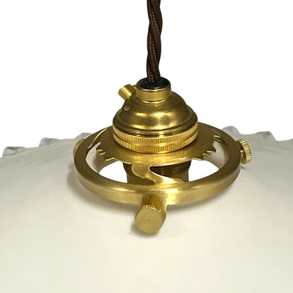 Vintage French Opaline Milk Glass Pendant Pie Crust Lampshade with Brass Collar