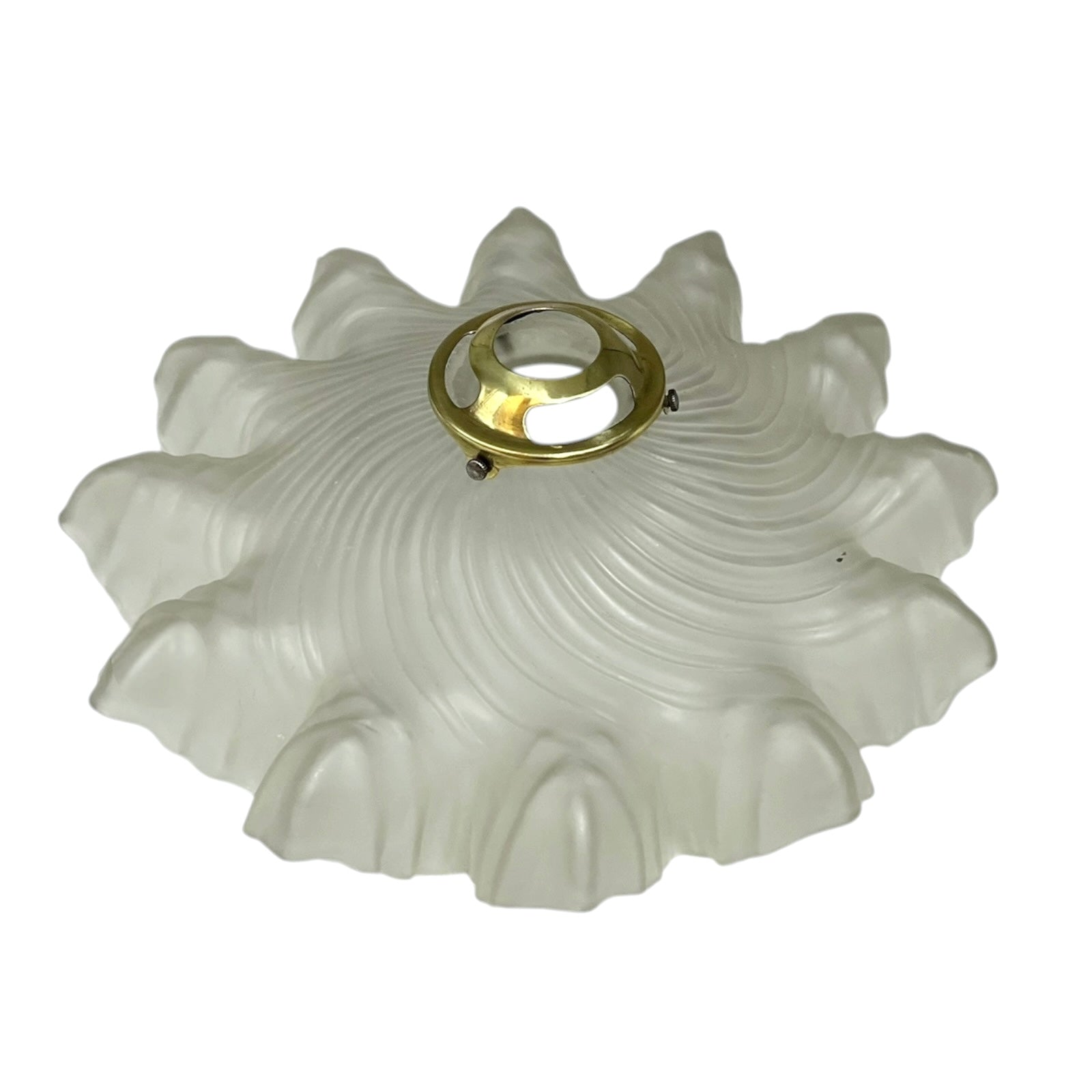 Decorative glass light fixture with a brass center on a white background