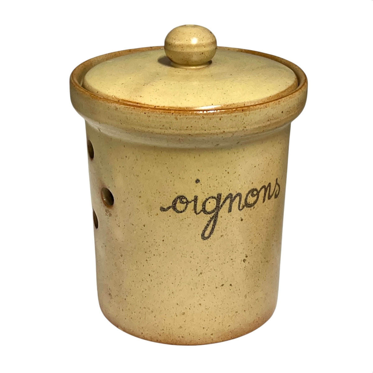 A handmade ceramic canister with a matching lid, featuring a speckled beige and yellow glaze, a brown rim, and the word 'oignons' written in black cursive on the side.
