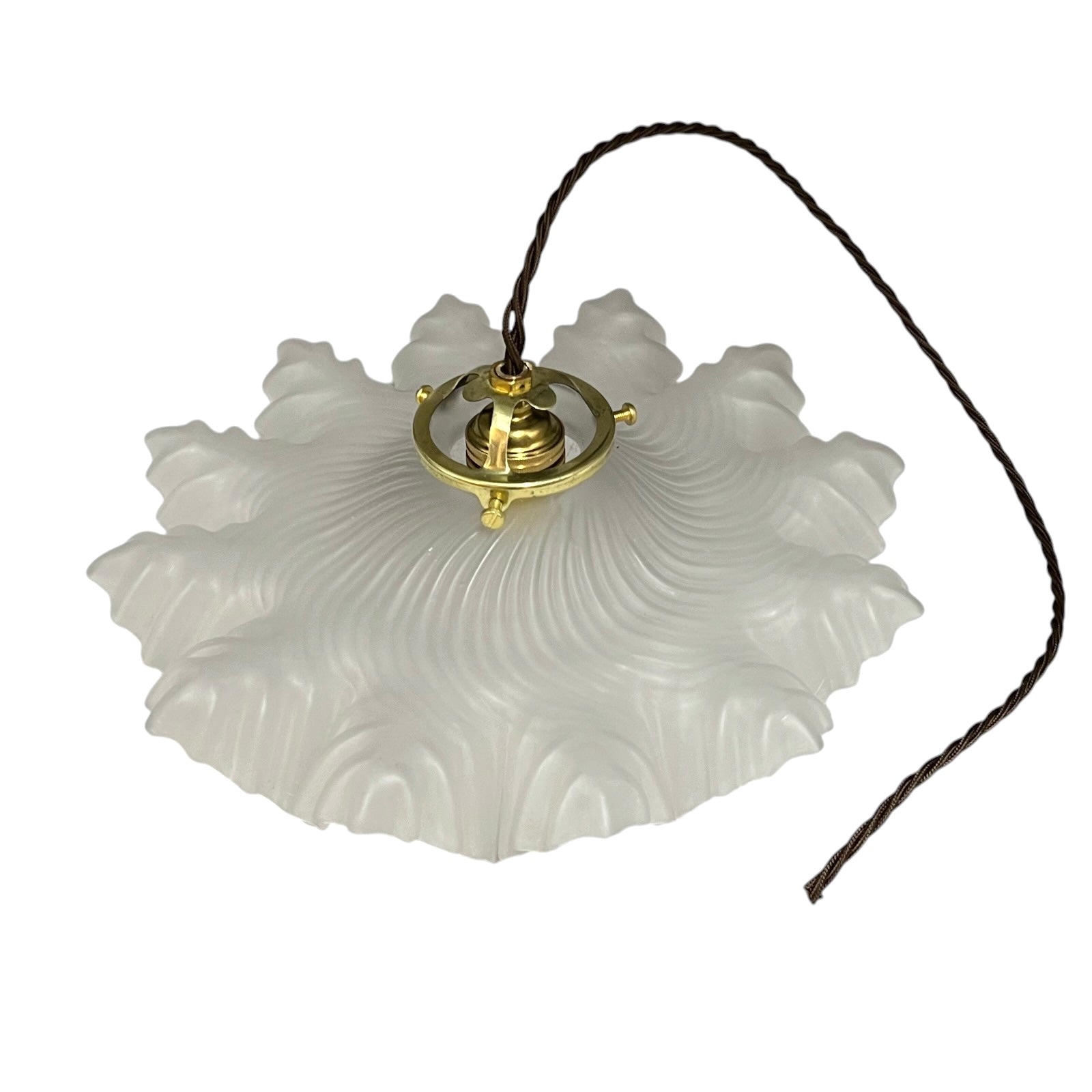 A French vintage Art Deco-style lampshade made of clear frosted glass with a frilled edge, with twisted-style wiring and brass fittings, perfect for adding charm to a period room or retro home, displayed against a white background.