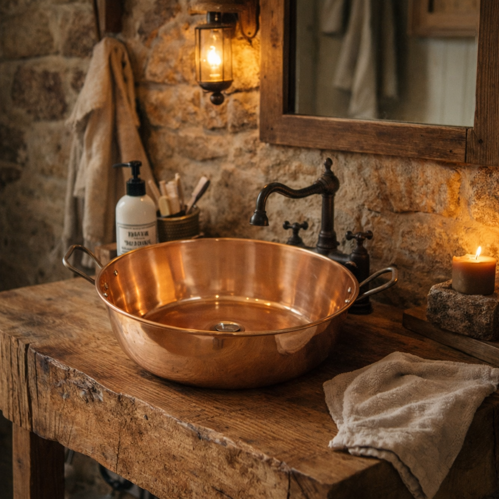 Copper sink on a wooden counter with rustic stone wall and lighting.