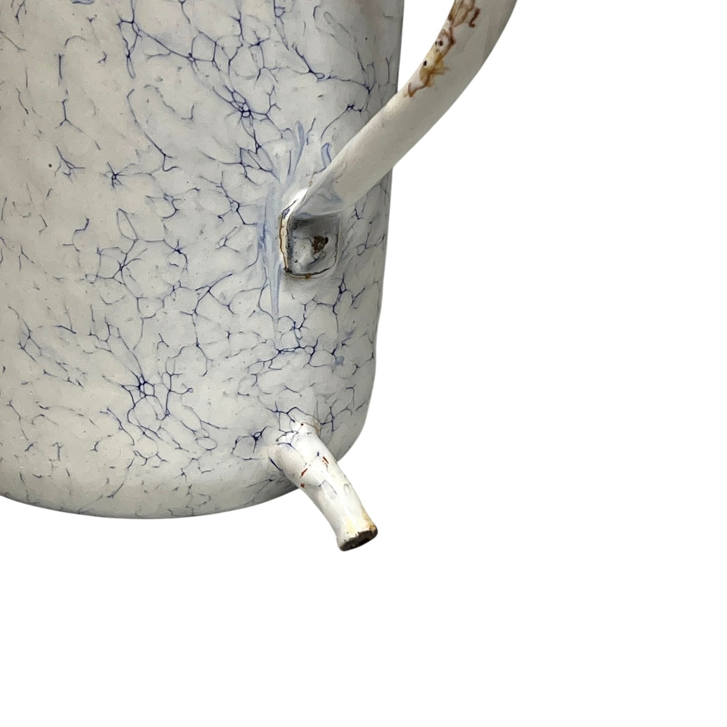 Close up of a French enamel vintage garden wall mounted planter or kitchen bathroom storage pot, on a white background 
