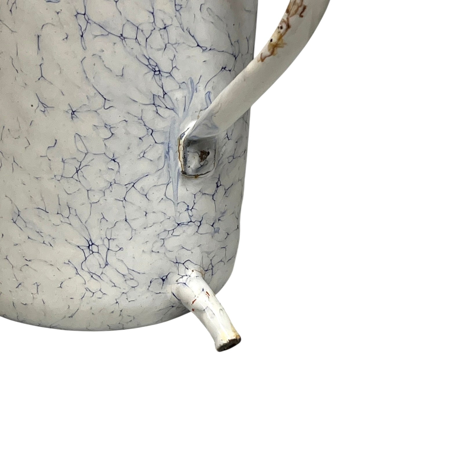 Close up of a French enamel vintage garden wall mounted planter or kitchen bathroom storage pot, on a white background 