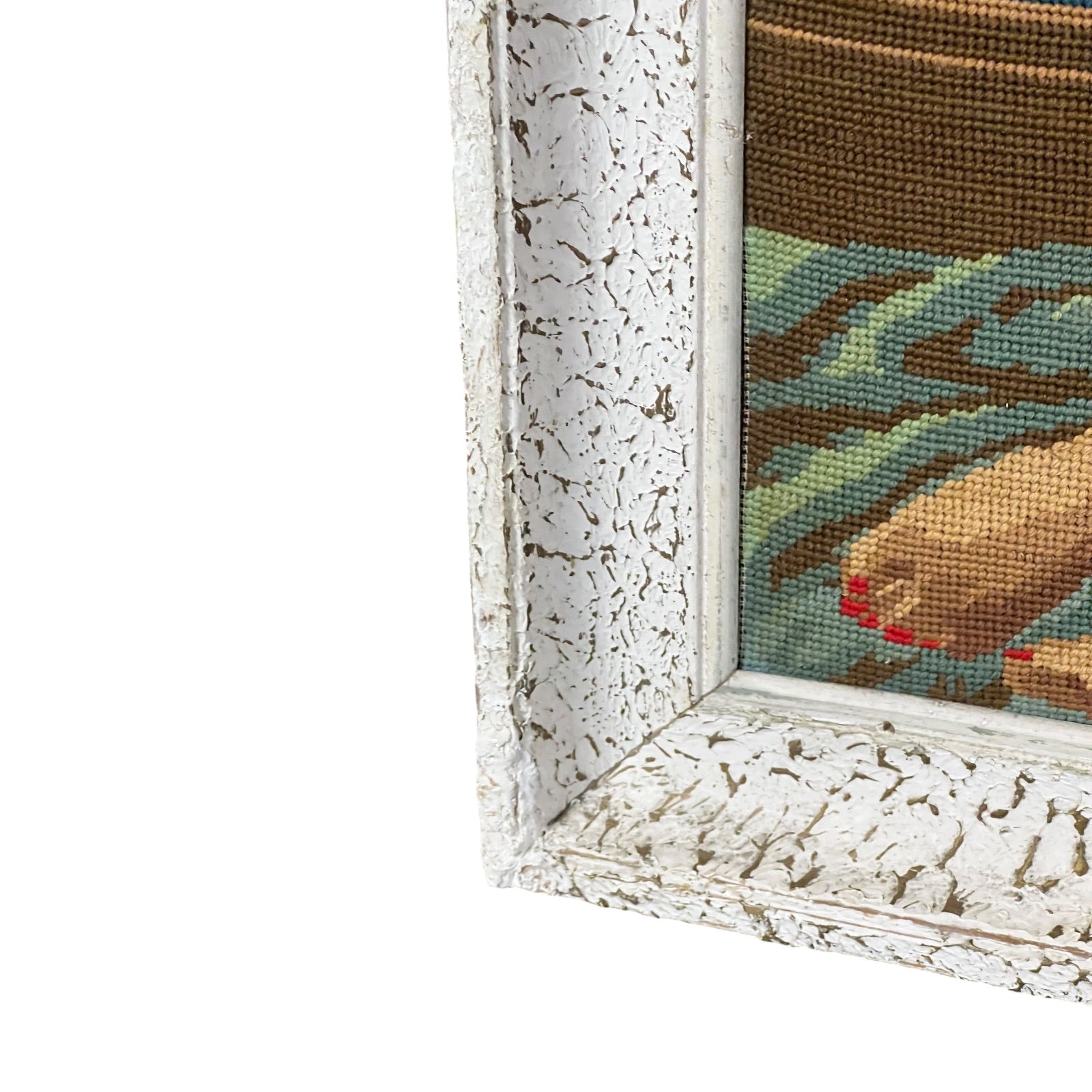 close up of a French vintage tapestry on a white background