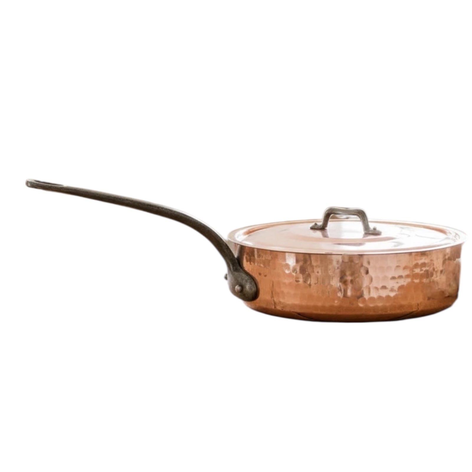 Copper frying pan with  lid on a white background