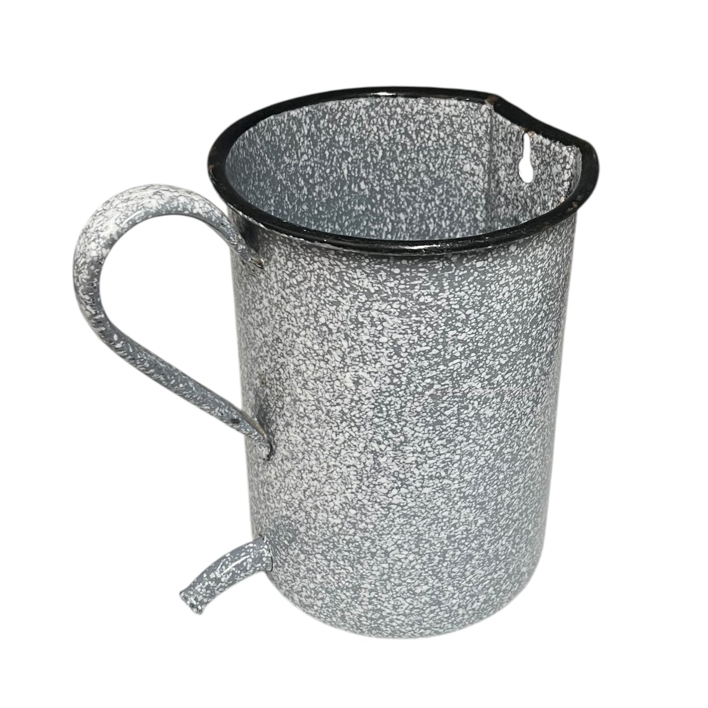 Vintage French grey and white speckled irrigator with a spout and a handle on a white background