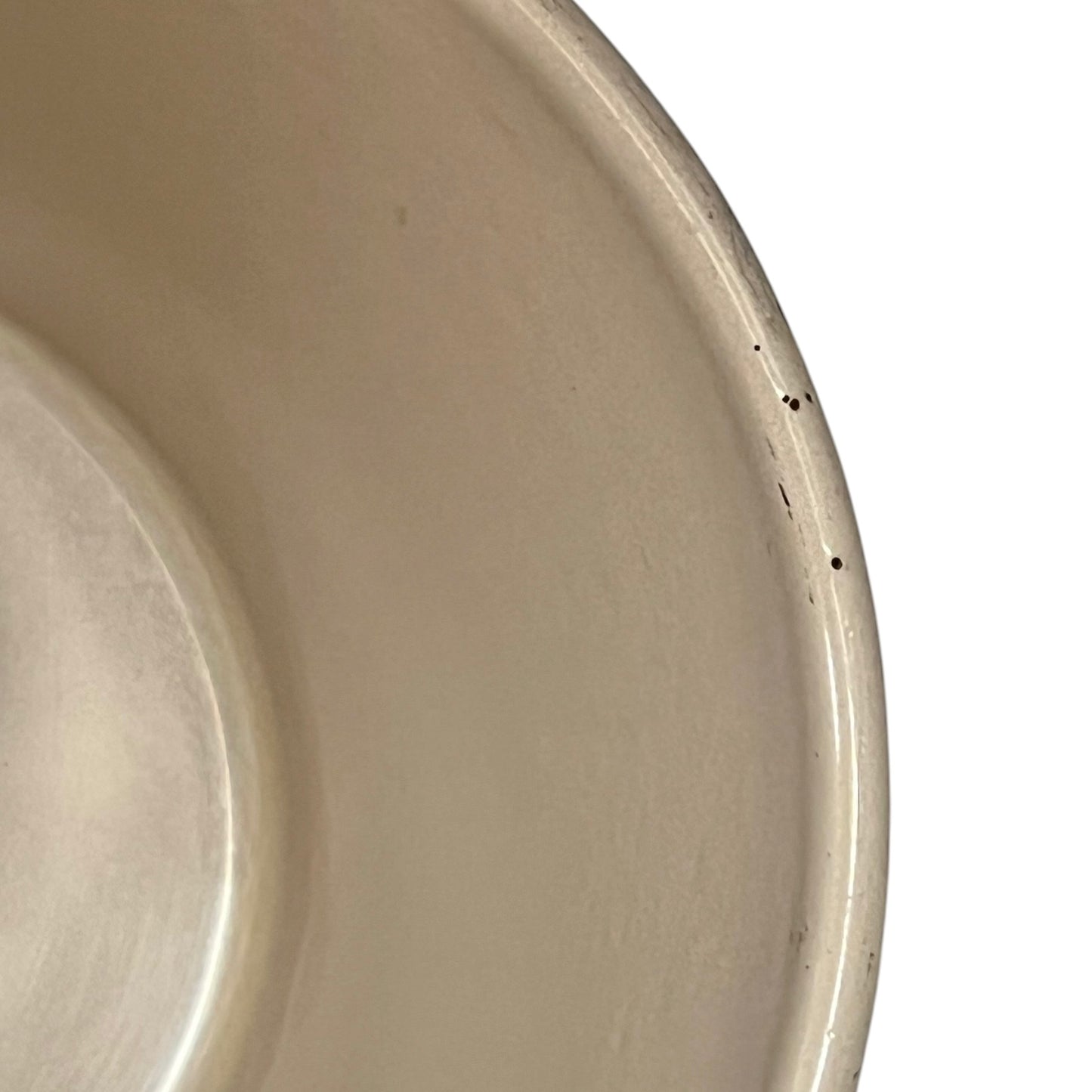 close up of  cast iron pan with beige interior on a white background