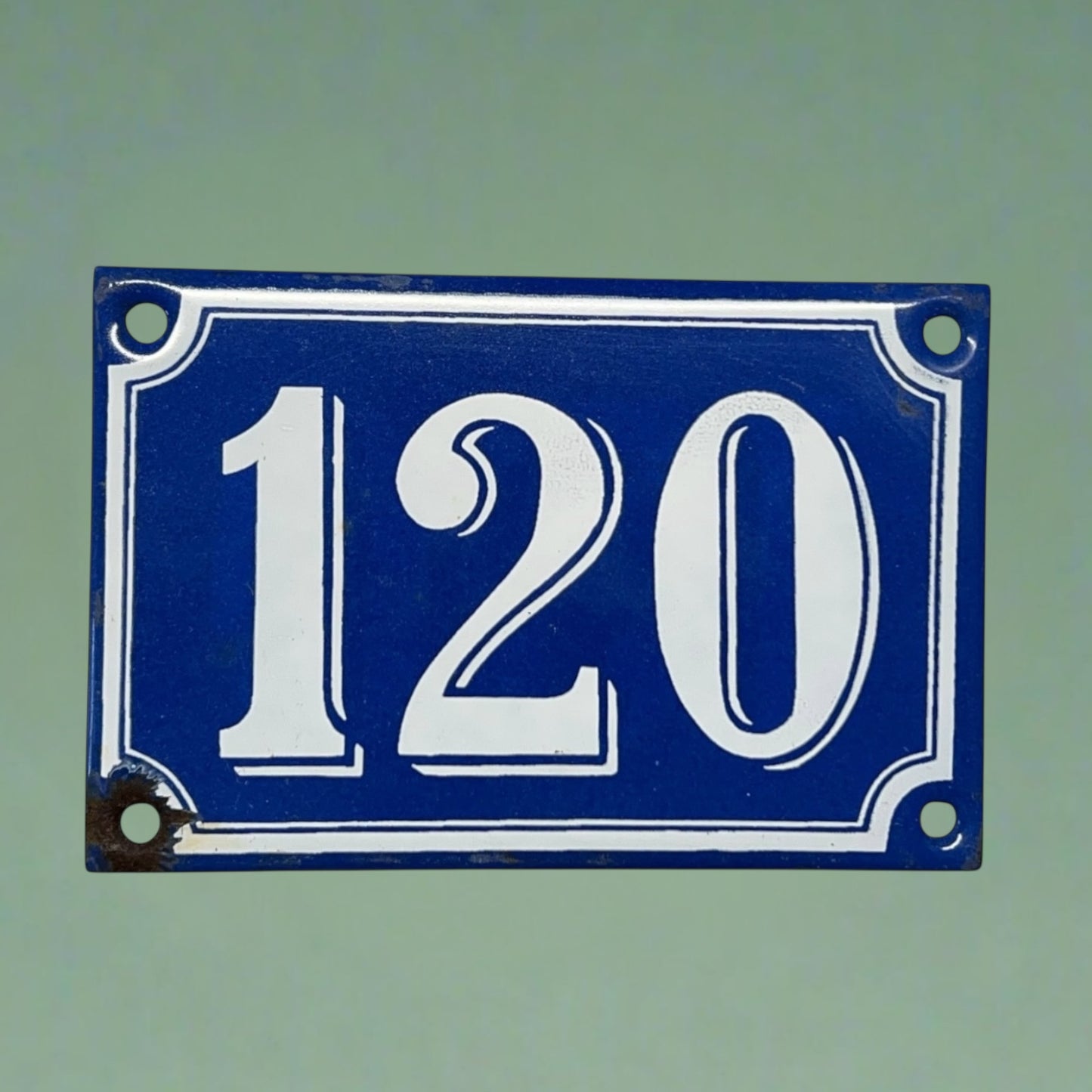 French Vintage Antique Enamel Door Number 120, White and Blue House Number 120 for sale from All Things French Store