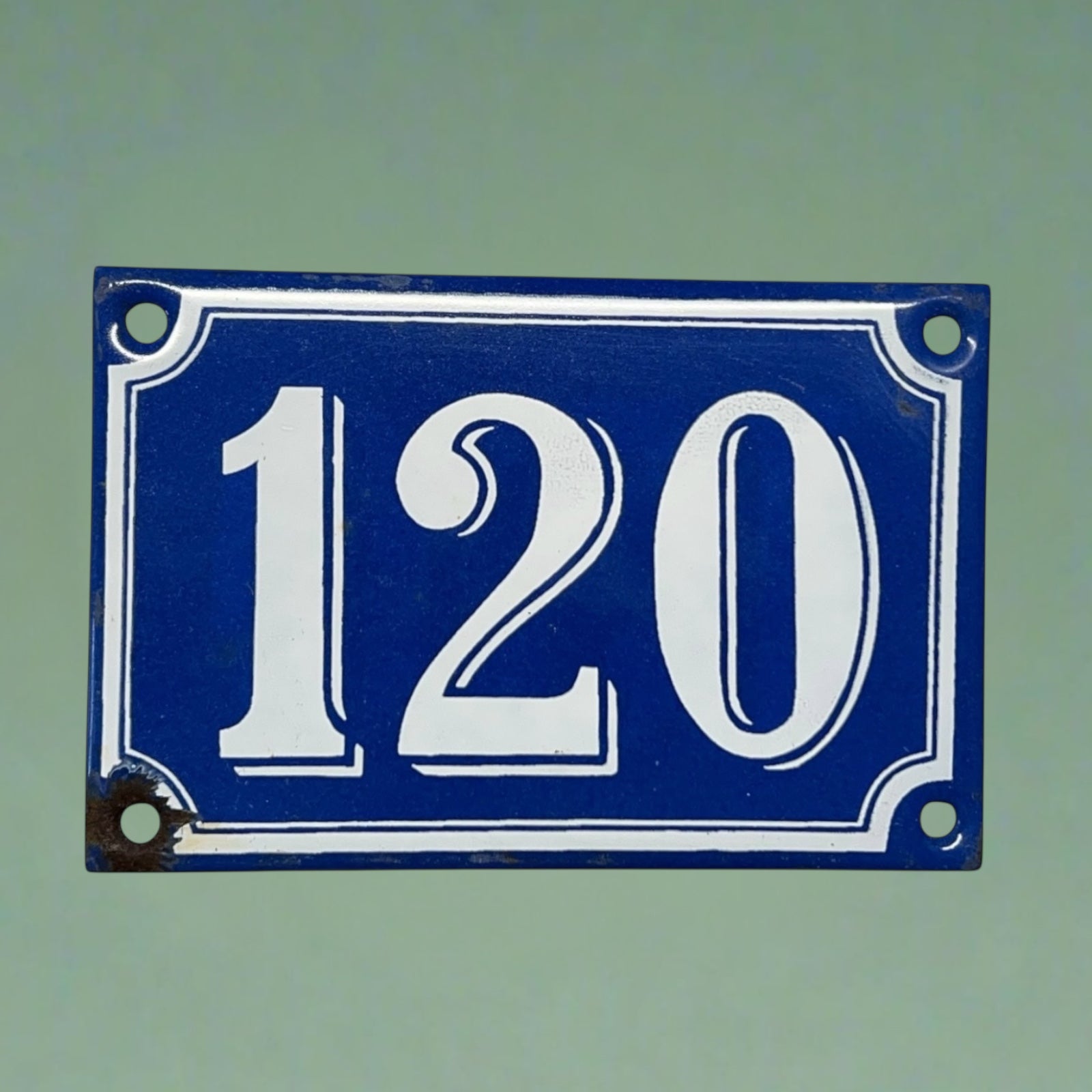 French Vintage Antique Enamel Door Number 120, White and Blue House Number 120 for sale from All Things French Store