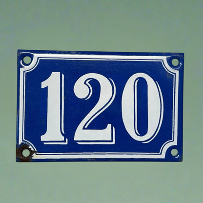 French Vintage Antique Enamel Door Number 120, White and Blue House Number 120 for sale from All Things French Store