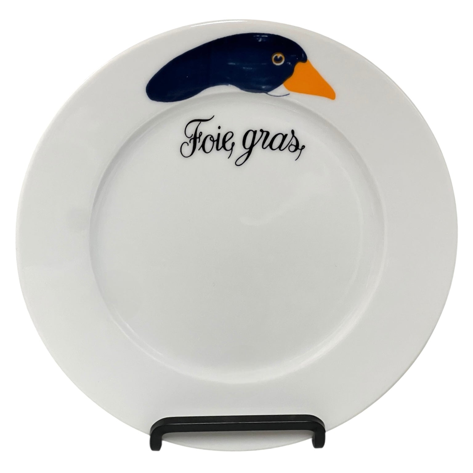 White plate with a duck design and 'Foie gras' text on a white background