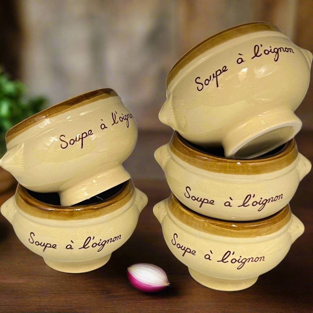 French Lions Head Soup Bowls, Set of 5 Traditional Onion Soup Bowls in a beige and brown colour stacked on each other