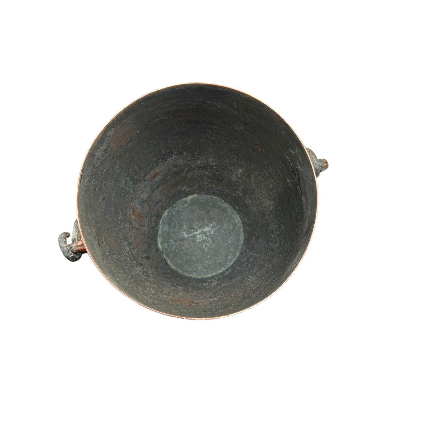 Inside of a copper cooking pot stockpot with handles on a white background