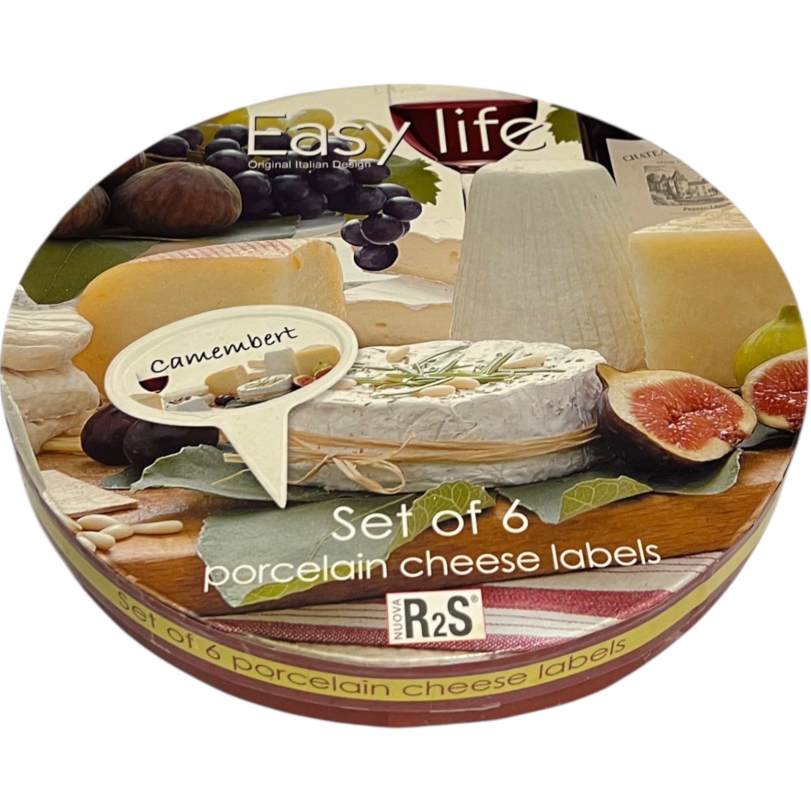 Close up of a porcelain cheese label in a red box on a white background