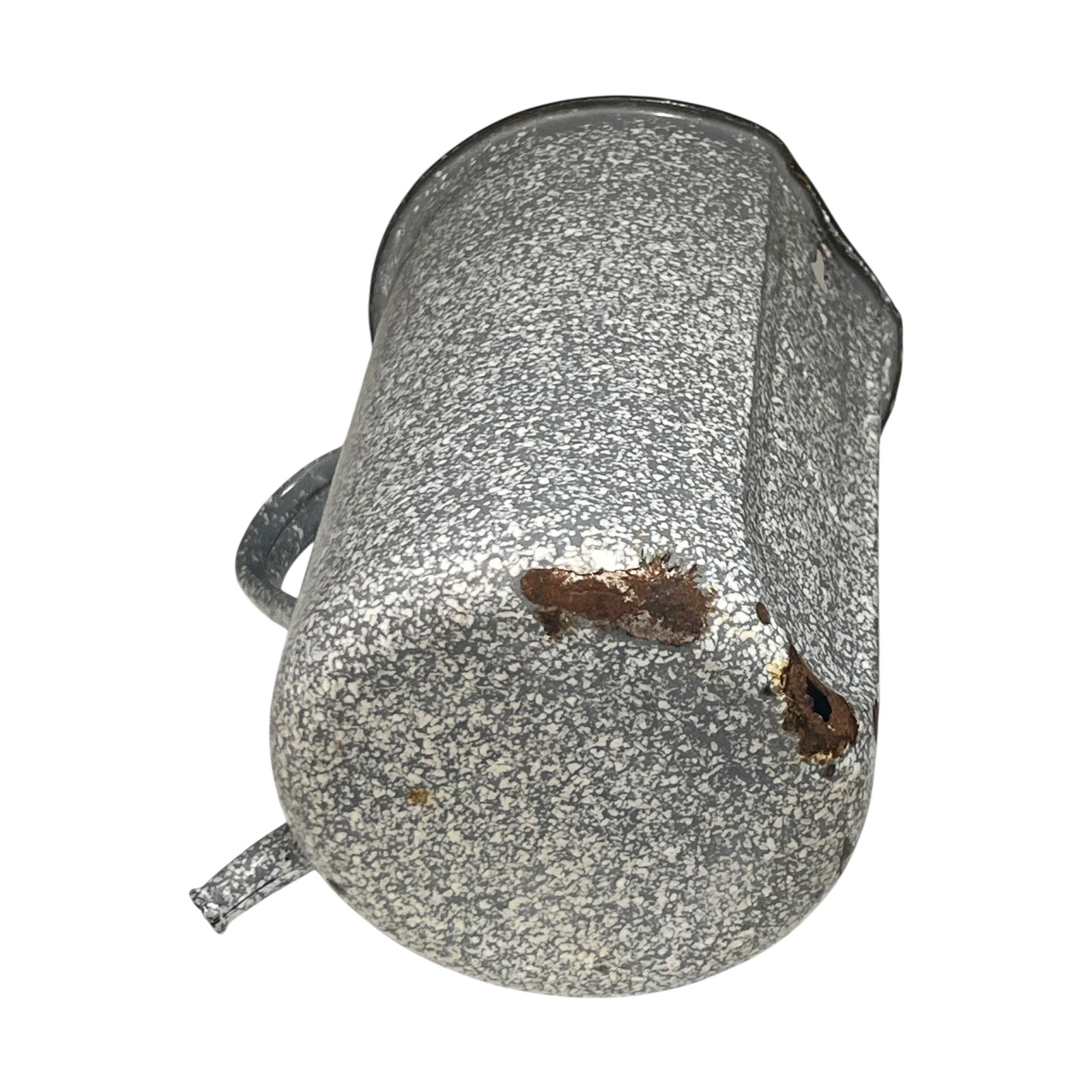close up of vintage French grey and white speckled irrigator with a spout and a handle showing wear and tear on a white background