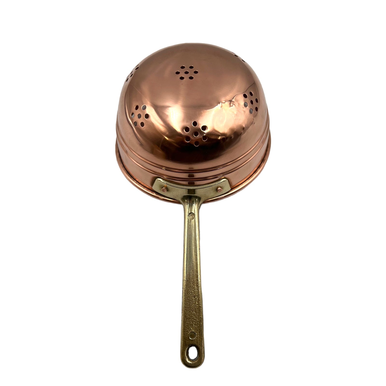 French copper colander with a brass handle 