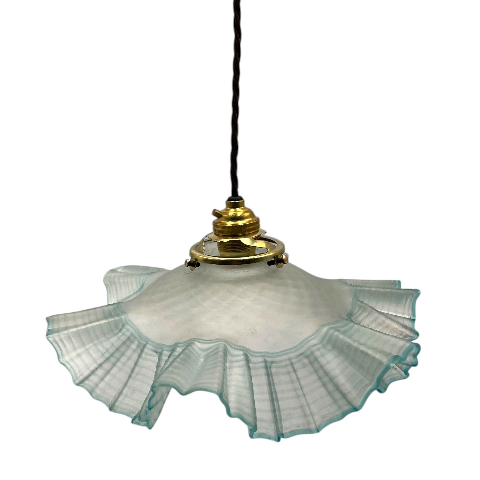 Vintage French Pendant Light, Blue Frosted Glass Hanging Lampshade 