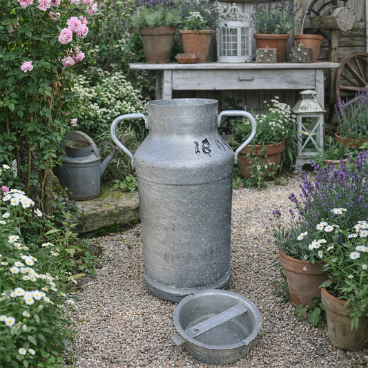 Decorative metal milk churn in a garden setting with flowers and plants.