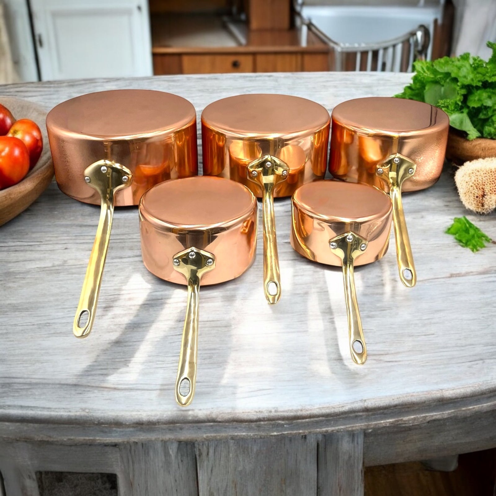 Set of 5 French copper saucepans with brass handles by Harvard 