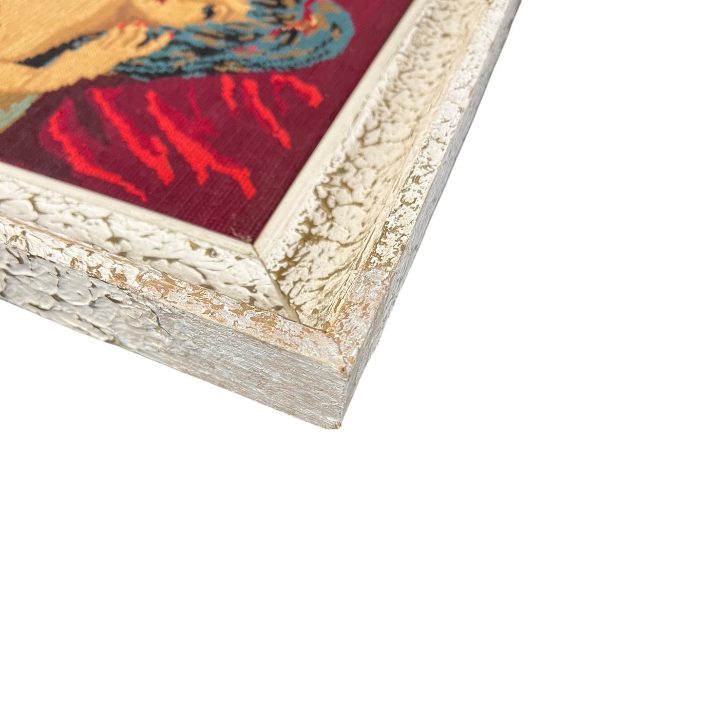 close up of a French vintage tapestry on a white background