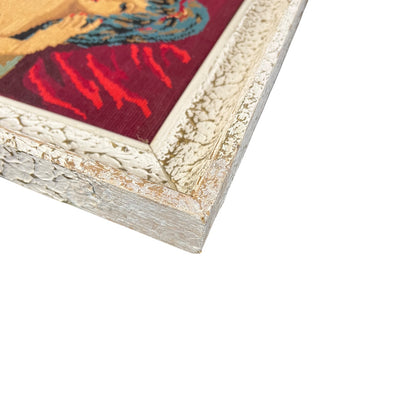close up of a French vintage tapestry on a white background
