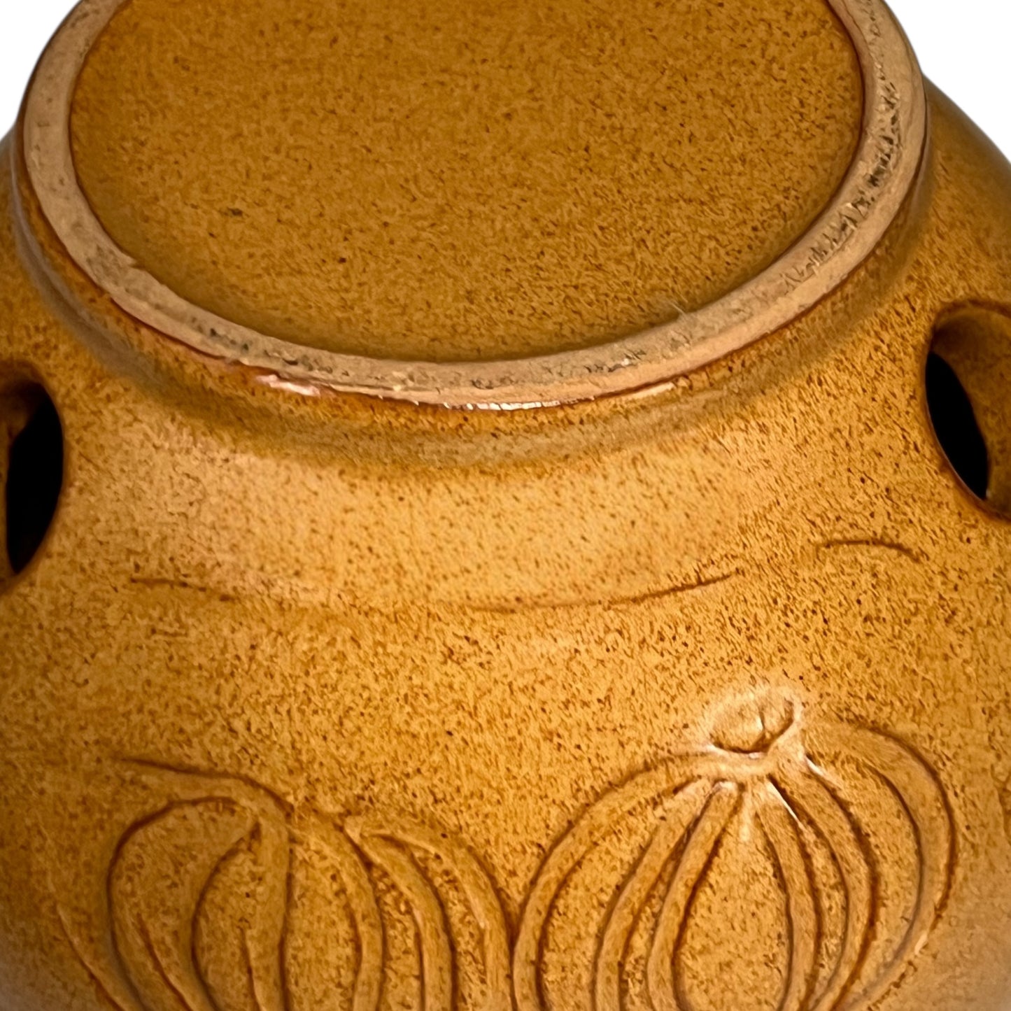 Close-up of a brown ceramic vase with embossed design on a white background