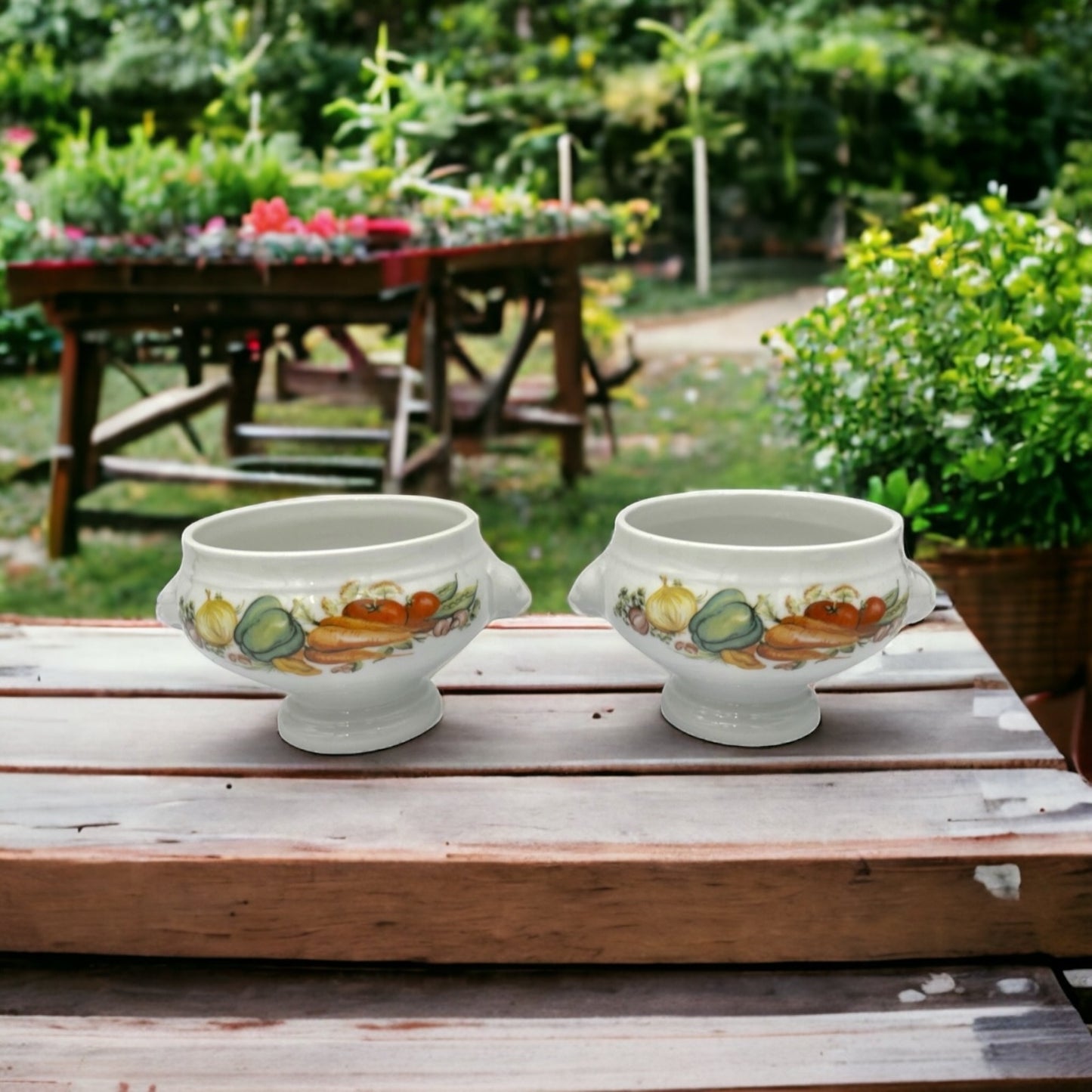 Pair of Vintage French Porcelain Lions Head Handle Onion Soup Bowls (A82)